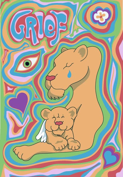 An illustration of a lioness with her angel cub.